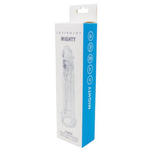 Manșon realist LOVING JOY MIGHTY 3 INCH, pentru extensia penisului, cu inel pentru testicule, lungime 22 cm, transparent