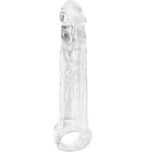 Manșon realist LOVING JOY MIGHTY 3 INCH, pentru extensia penisului, cu inel pentru testicule, lungime 22 cm, transparent