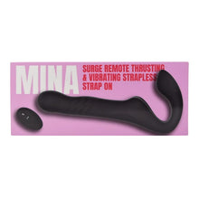Vibrator dublu MINA Surge Remote, strap-on fără ham, control prin telecomandă, 3 funcții de penetrare automată, 23.8 cm, negru