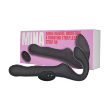 Vibrator dublu MINA Surge Remote, strap-on fără ham, control prin telecomandă, 3 funcții de penetrare automată, 23.8 cm, negru