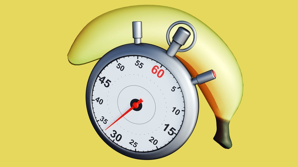 ejaculare precoce reprezentata printr-o banana si un cronometru