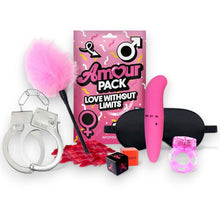 Set erotic AMOUR PACK Love Without Limits, cu stimulator, inel pentru penis vibrator, mască, cătușe, zaruri, pană pentru stimulare și petale, pentru cupluri
