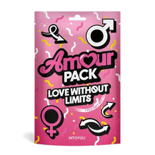 Set erotic AMOUR PACK Love Without Limits, cu stimulator, inel pentru penis vibrator, mască, cătușe, zaruri, pană pentru stimulare și petale, pentru cupluri