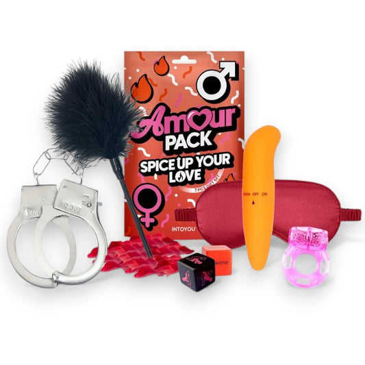 Set erotic AMOUR PACK Spice Up Your Love, cu stimulator, inel pentru penis vibrator, mască, cătușe, zaruri, pană pentru stimulare și petale, pentru cupluri