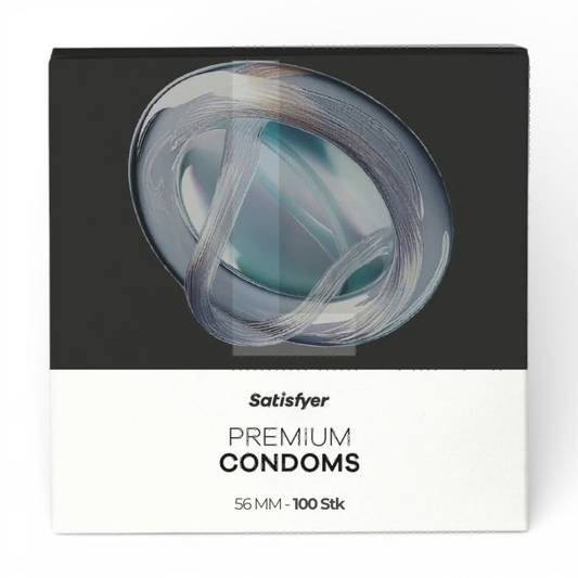 Prezervative SATISFYER Premium Condoms L, din latex, lubrifiate, design modern, diametru 56 mm, 100 bucăți