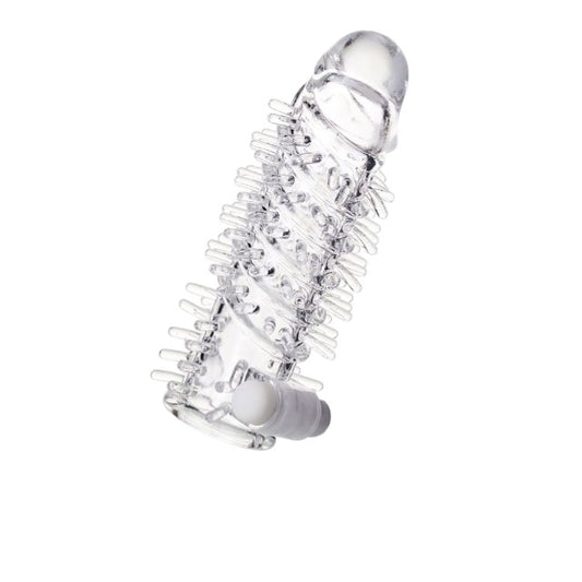 Manșon A-TOYS Fril, cu mini vibrator, pentru extensia și îngroșarea penisului, texturat, cu striații, transparent, 13.4 cm