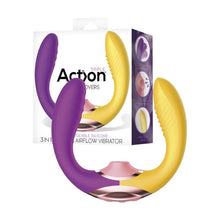 Stimulator 3 în 1 ACTION Two Lovers, design ergonomic, 10 funcții de vibrație, 7 moduri de mișcare, 7 moduri de stimulare cu aer, galben și mov, 11.7 cm