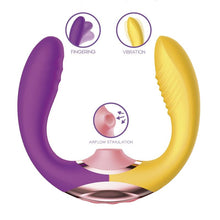 Stimulator 3 în 1 ACTION Two Lovers, design ergonomic, 10 funcții de vibrație, 7 moduri de mișcare, 7 moduri de stimulare cu aer, galben și mov, 11.7 cm
