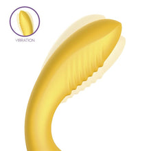 Stimulator 3 în 1 ACTION Two Lovers, design ergonomic, 10 funcții de vibrație, 7 moduri de mișcare, 7 moduri de stimulare cu aer, galben și mov, 11.7 cm