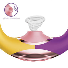 Stimulator 3 în 1 ACTION Two Lovers, design ergonomic, 10 funcții de vibrație, 7 moduri de mișcare, 7 moduri de stimulare cu aer, galben și mov, 11.7 cm