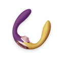 Stimulator 3 în 1 ACTION Two Lovers, design ergonomic, 10 funcții de vibrație, 7 moduri de mișcare, 7 moduri de stimulare cu aer, galben și mov, 11.7 cm