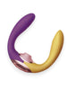Stimulator 3 în 1 ACTION Two Lovers, design ergonomic, 10 funcții de vibrație, 7 moduri de mișcare, 7 moduri de stimulare cu aer, galben și mov, 11.7 cm