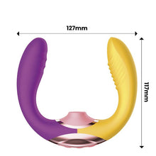 Stimulator 3 în 1 ACTION Two Lovers, design ergonomic, 10 funcții de vibrație, 7 moduri de mișcare, 7 moduri de stimulare cu aer, galben și mov, 11.7 cm