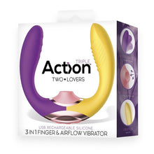Stimulator 3 în 1 ACTION Two Lovers, design ergonomic, 10 funcții de vibrație, 7 moduri de mișcare, 7 moduri de stimulare cu aer, galben și mov, 11.7 cm