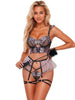 Lenjerie sexy 4 piese ADALET Caroline, cu sutien tip corset, chilot tanga, portjartier și jartiere, negru cu mov, mărime L/XL