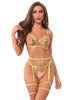 Lenjerie sexy 4 piese ADALET Zoey, Sutien + Chilot tanga + Portjartier + Jartiere, galben cu dantelă florală, mărime L/XL