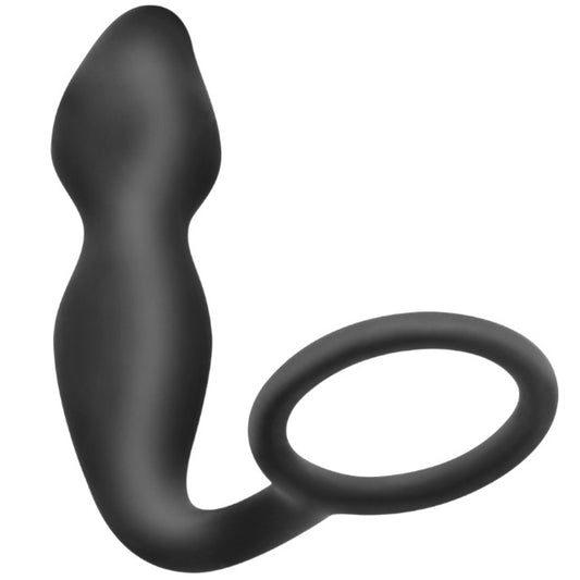 Plug anal cu inel pentru penis ADDICTED TOYS Anal Plug with Ring Model 2, diametre 2.7 - 3 cm, din silicon, negru