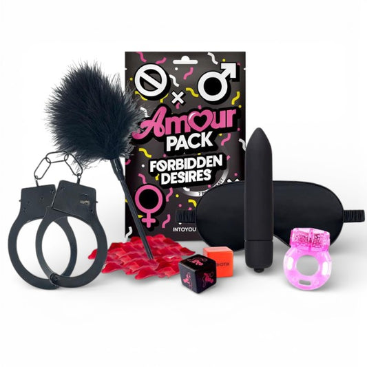 Set erotic AMOUR PACK Forbidden Desire, cu stimulator, inel pentru penis vibrator, mască, cătușe, zaruri, pană pentru stimulare și petale, pentru cupluri