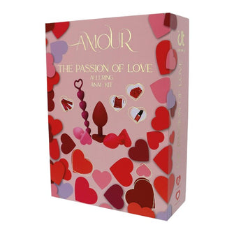 Kit Amour - The Passion Of Love, ideal pentru cupluri, petale de trandafir, banda din satin, 3 pluguri anale S, M, L, lubrifiant 50 ml, punguta din catifea, rosu