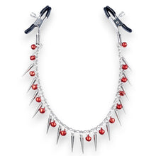 Cleme pentru sfârcuri B-SERIES Exclusive Nipple Clamps, design cu lanț, țepi și clopoței, argintiu cu roșu (61-00011)