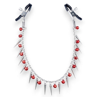 Cleme pentru sfârcuri B-SERIES Exclusive Nipple Clamps, design cu lanț, țepi și clopoței, argintiu cu roșu (61-00011)