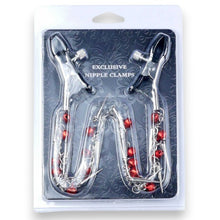 Cleme pentru sfârcuri B-SERIES Exclusive Nipple Clamps, design cu lanț, țepi și clopoței, argintiu cu roșu (61-00011)