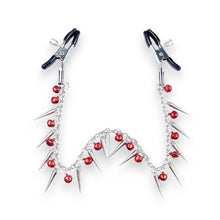 Cleme pentru sfârcuri B-SERIES Exclusive Nipple Clamps, design cu lanț, țepi și clopoței, argintiu cu roșu (61-00011)