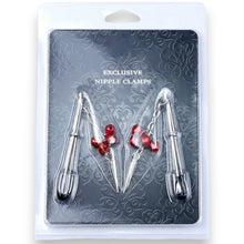 Cleme pentru sfârcuri B-SERIES Exclusive Nipple Clamps, design cu țepi și clopoței, argintiu cu roșu (61-00012)