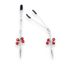 Cleme pentru sfârcuri B-SERIES Exclusive Nipple Clamps, design cu țepi și clopoței, argintiu cu roșu (61-00012)