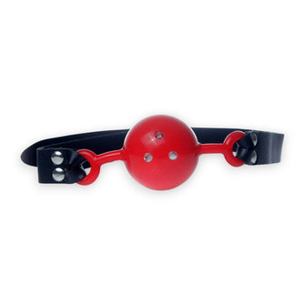 Căluș pentru gură B-SERIES Fetish Ball Gag, pentru jocuri erotice BDSM, mărime ajustabilă, din piele ecologică, negru cu roșu