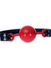 Căluș pentru gură B-SERIES Fetish Ball Gag, pentru jocuri erotice BDSM, mărime ajustabilă, din piele ecologică, negru cu roșu