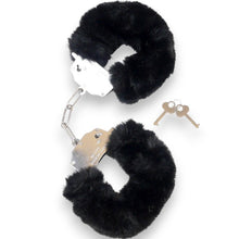 Cătușe pufoase B-SERIES Furry Cuffs, pentru jocuri erotice BDSM, din metal cu blană artificială, culoare negru cu argintiu