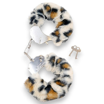 Cătușe pufoase B-SERIES Furry Cuffs, pentru jocuri erotice BDSM, din metal cu blană artificială, design leopard cu argintiu