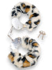 Cătușe pufoase B-SERIES Furry Cuffs, pentru jocuri erotice BDSM, din metal cu blană artificială, design leopard cu argintiu