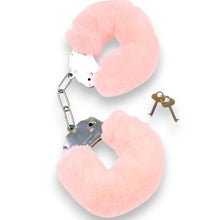 Cătușe pufoase B-SERIES Furry Cuffs, pentru jocuri erotice BDSM, din metal cu blană artificială, culoare roz cu argintiu