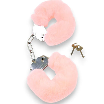Cătușe pufoase B-SERIES Furry Cuffs, pentru jocuri erotice BDSM, din metal cu blană artificială, culoare roz cu argintiu