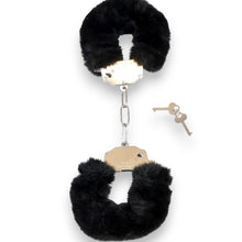 Cătușe pufoase B-SERIES Furry Cuffs, pentru jocuri erotice BDSM, din metal cu blană artificială, culoare negru cu argintiu