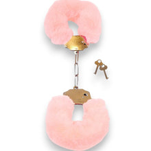 Cătușe pufoase B-SERIES Furry Cuffs, pentru jocuri erotice BDSM, din metal cu blană artificială, culoare roz cu argintiu