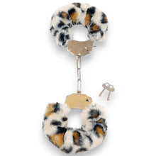 Cătușe pufoase B-SERIES Furry Cuffs, pentru jocuri erotice BDSM, din metal cu blană artificială, design leopard cu argintiu