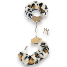 Cătușe pufoase B-SERIES Furry Cuffs, pentru jocuri erotice BDSM, din metal cu blană artificială, design leopard cu argintiu