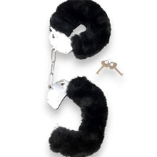 Cătușe pufoase B-SERIES Furry Cuffs, pentru jocuri erotice BDSM, din metal cu blană artificială, culoare negru cu argintiu