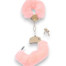 Cătușe pufoase B-SERIES Furry Cuffs, pentru jocuri erotice BDSM, din metal cu blană artificială, culoare roz cu argintiu