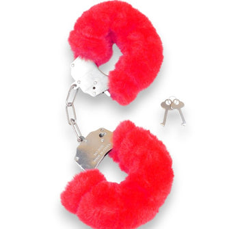 Cătușe pufoase B-SERIES Furry Cuffs, pentru jocuri erotice BDSM, din metal cu blană artificială, culoare roșu cu argintiu