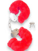 Cătușe pufoase B-SERIES Furry Cuffs, pentru jocuri erotice BDSM, din metal cu blană artificială, culoare roșu cu argintiu