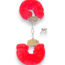 Cătușe pufoase B-SERIES Furry Cuffs, pentru jocuri erotice BDSM, din metal cu blană artificială, culoare roșu cu argintiu
