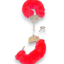 Cătușe pufoase B-SERIES Furry Cuffs, pentru jocuri erotice BDSM, din metal cu blană artificială, culoare roșu cu argintiu