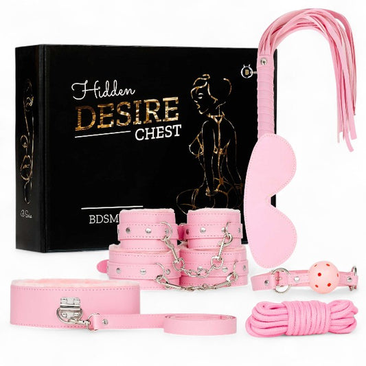 Set 7 accesorii BDSM B-SERIES Hidden Desire Chest, cu cătușe, zgardă, căluș, frânghie, bici și mască de ochi, culoare roz