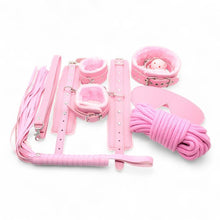 Set 7 accesorii BDSM B-SERIES Hidden Desire Chest, cu cătușe, zgardă, căluș, frânghie, bici și mască de ochi, culoare roz