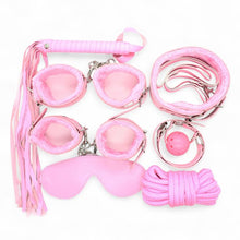 Set 7 accesorii BDSM B-SERIES Hidden Desire Chest, cu cătușe, zgardă, căluș, frânghie, bici și mască de ochi, culoare roz