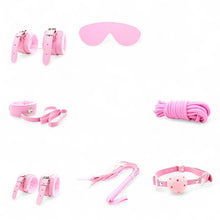 Set 7 accesorii BDSM B-SERIES Hidden Desire Chest, cu cătușe, zgardă, căluș, frânghie, bici și mască de ochi, culoare roz
